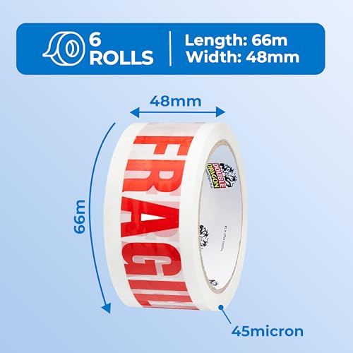 Double Dragon Extra Thick Fragile Printed Tape - 48mm wide, 66m long (Pack of 6), 6 Rolls - Image 2