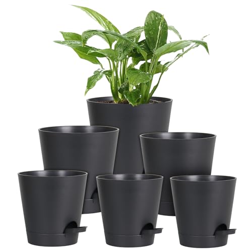 Homeuouz 6 paquetes de macetas autoregantes, 20,3/17,8/16,5/15,2/14/12,7 cm, maceta con sistema de riego, maceta con platillo, juego de macetas ideal para interiores y jardines de balcón, color negro