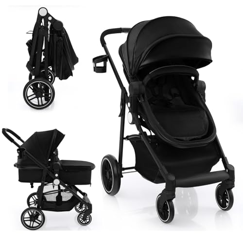 GYMAX Cochecito de bebé, cochecito plegable para niños pequeños con respaldo y toldo ajustables, bolsa de almacenamiento y funda de pie desmontable, carro para bebés de 0 a 3 años (negro)