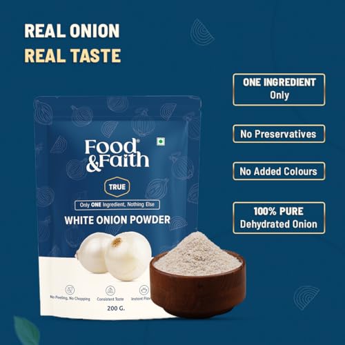 Image of Food & Faith White Onion Powder 200g - Pure Dehydrated white pyaz Powder | Strong Aroma & Instant Flavor | Ready to Use Cooking Seasoning | No Preservatives, Additives or Fillers