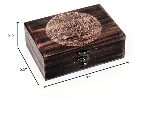 Image of Antique Handmade Wooden Urn Tree of Life | Hand-Carved Jewelry Box for Women & Men | Decorative Keepsake Storage Organizer | Home Decor Accent (7 inch x 5.5 inch x 3.5 inch, Tree - 4)