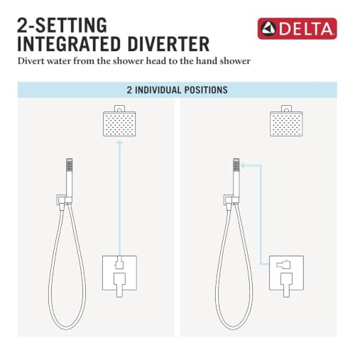 Image of Delta Modern 14 Series Square Rain Shower System Faucet Set, Rainfall Chrome Shower Head and Handle Set, Valve Trim Kit, 10 Inch, Chrome 342701