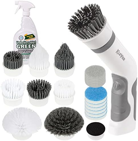 Klever Electric Spin Power Scrubber Includes 8 Hard and Soft Versatile Scrub Brushes+10 Scrubber Pads, with Our Green Industrial Strength All Purpose Cleaner and Degreaser Eco-Friendly -32 Ounce