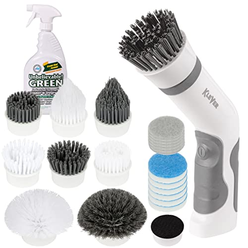 Klever Electric Spin Power Scrubber Includes 8 Hard And Soft Versatile Scrub Brushes+10 Scrubber Pads, With Our Green Industrial Strength All Purpose Cleaner And Degreaser Eco-Friendly -32 Ounce #TOP17
