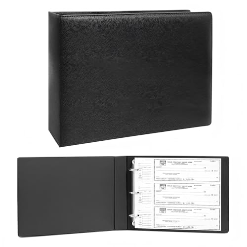 3 Rings Check Binder for End-Stub Deskbook Checks, 3 on a Page, Fit 3 & 9 Holes Check Faux Leather (9.1x12.5) (Black)