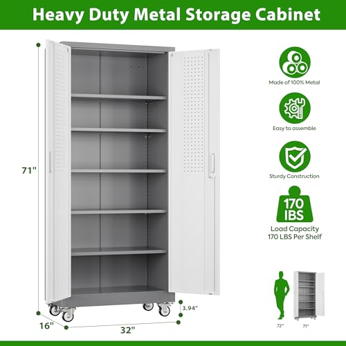 Image of Aobabo Upgraded Garage Storage Cabinets with Wheels,Metal Storage Cabinets with 5 Adjustable Shelves for Garage Home Office Storage, Grey&White,71''H*32''W*16''D,Assembly Required