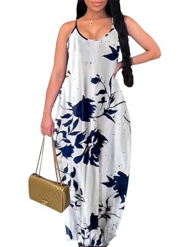 Image of Summer Dresses for Women Spaghetti Strap Beach Floor Length Maxi Sundresses | Floral Print,Casual,with Pockets