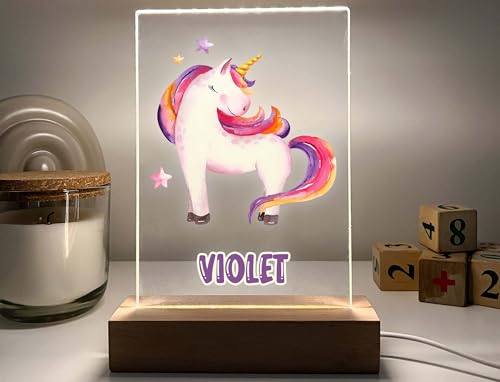 Lámpara de noche unicornio LED personalizada con base de madera miniatura 7