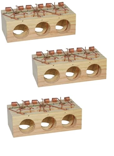 PCMOVILES Trampa para Ratones de Madera, Pack de 3, 12,5x6x4cm, 3 Agujeros, Mecanismo Metálico