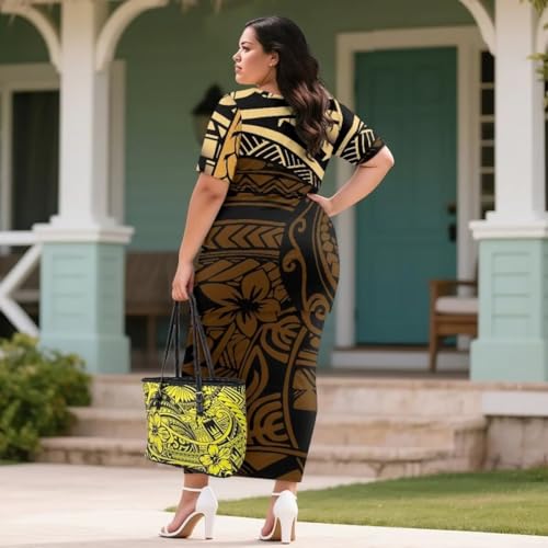 Image of Puletasi Samoan Traditional 2 Piece Outfits for Women Short Sleeve Crop Top and Maxi Skirt Sets Puletasi Dress