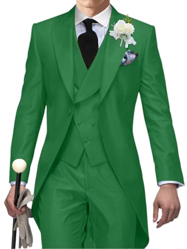 Men's Tailcoat Suit,Mens Tuxedo 3 Piece Slim Fit Suits Double Breasted for Men Summer Wedding,Proms,Concert,Green,L