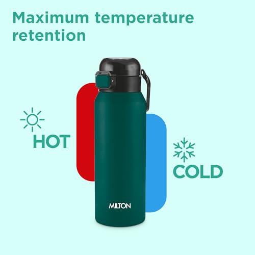 Image of Milton Dual Flow 600 Thermosteel Water Bottle 595 ml with One Touch Safety Lock & Twin Lid Sip or Gulp,Long Hours Hot & Cold,Leak Proof,ISI Certified,Vacuum Insulated,for Office,Gym,School,Dark Green