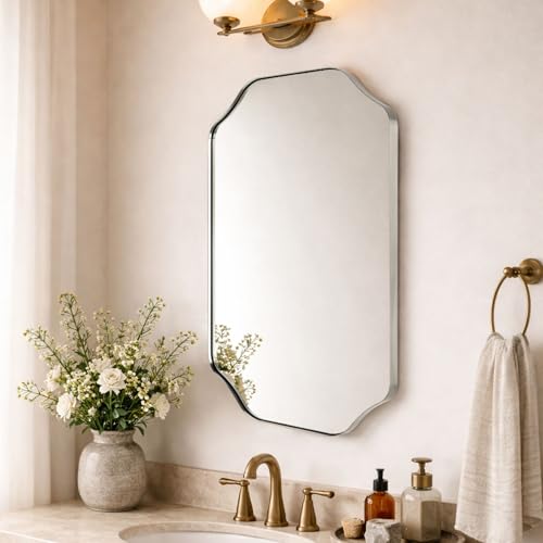 Image of TEHOME Brushed Nickel Scalloped Bathroom Vanity Mirror 20x30'' Decorative Silver Metal Framed Asymmetrical Bathroom Mirror