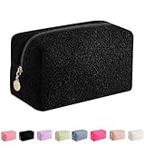 JOVAKIT Travel Makeup Bag Cosmetic Bag for Women, Fashion Christmas Gifts, Plush Zipper Make Up Pouch, Large Capacity Toiletry Organizer Makeup, Portable Storage Bag Trendy Stuff (Black)