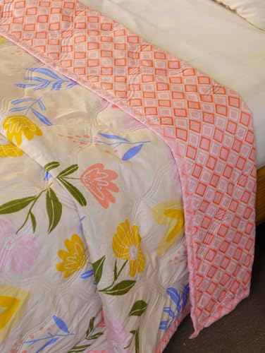 Image of Dohar Single OR Double Bed 100% Cotton Blankets for Summer 150GSM Ac Comforter and Cooling for Summer Classic Printed Design Quilt Ideal for Gifting (PINKFLOWER Design, Double Bed)