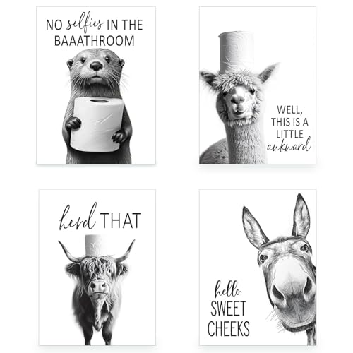 4Pcs Funny Bathroom Wall Art Decor, Highland Cow Wall Art Posters, Highland Cow Donkey Wall Art Pictures, Rustic Farmhouse Animals Humor Abstract Canvas Prints for Bathroom Toilet Decor 25x20cm
