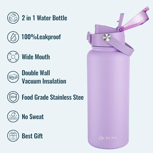 Image of OLDLEY 32oz Insulated Water Bottle with 2-in-1 Straw & Chug Lid, Leakproof Stainless Steel Bottle, Double Wall Vacuum Insulated Water Bottle for Sports, Gym, Travel,Purple