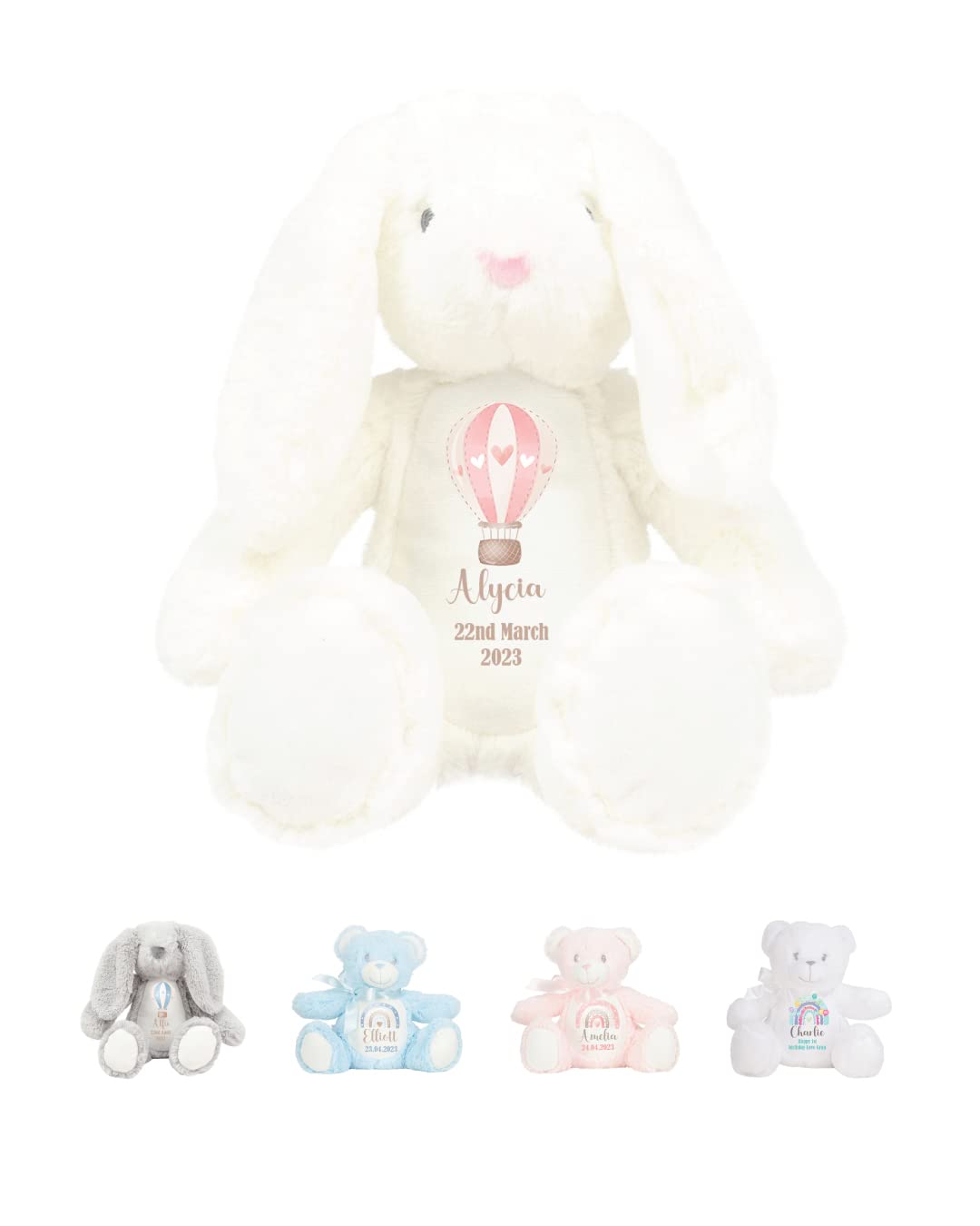Hoolaroo Personalised Teddy Bear for Girl New Boy Baby Gift Newborn Baby Present 1st Birthday Gift 2nd 3rd 4th 5th Teddies Christening Baptism First Keepsake Rainbow (Cream Bunny