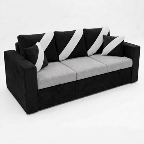 Image of FURNY Trivia 4 Seater LHS Lounger Sofa Cum Bed (Light Gray - Black) with Pull-Out Function | Luxury Velvet Suede Finish | Durable Comfort | Ideal for Living Room