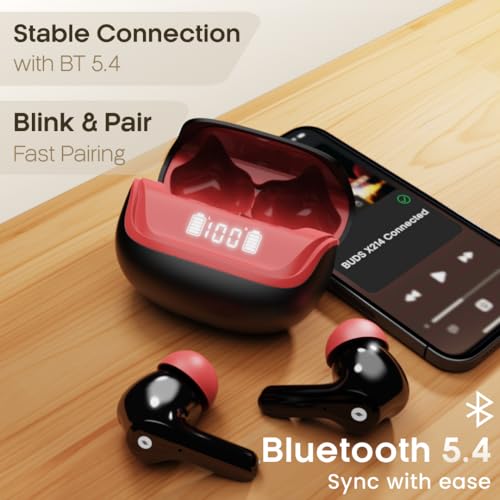 Image of Leaf Buds X214 True Wireless Earbuds AI Sound App, 40H Playtime, AI ENC, HD Calling, 2 EQ Modes, Fast Charging(10min=210min), 13mm Driver with Deep Bass, Bluetooth v5.4 TWS (Blood Black)