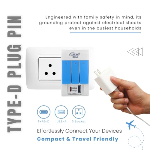 Image of Hi-PLasst 3 Pin Multi Plug | Universal Conversion Multiplug with Type A and Type C USB Charger | Universal Travel Adapter with Individual Switch & LED Indicator | 3 Way Plug Extension with Fuse