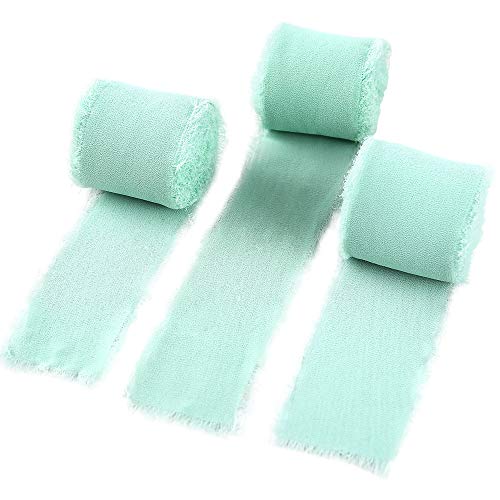 Doris Home Handmade Fringe Chiffon Silk-Like Ribbon 2  x 7Yd Set of 3 Rolls Mint Green Ribbons for Wedding Invitations, Bouquets, Gift Wrapping