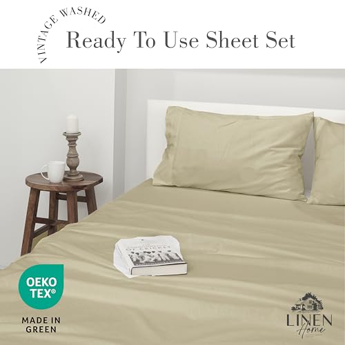 Image of Linen Home Washed Cotton Percale Queen Sheet Set, Silver, Preshrunk, 4 Pieces Sets - 1 Flat, 1 Deep Pocket Fitted Sheet & 2 Envelope Closure Pillowcases, Soft, Cool and Comfortable Bed Linen