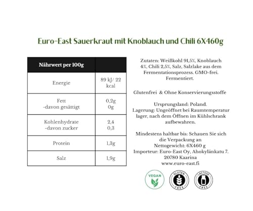 Euro-East Sauerkraut mit Knoblauch und Chili 6-pack im Glas x 460g | Vegan und Glutenfrei eingelegter Kohl | Fermentiertes Gemüse (6x460g)