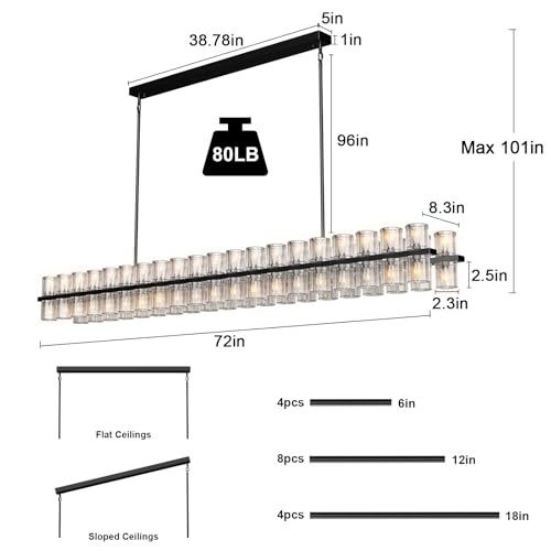 Image of Crystal Black Rectangular Chandelier Light Fixture,72 in Large Dining Room Chandelier Over Table,Modern Chandeliers for Living Room,Arcachon Chandeliers,Kitchen Island,Includes 80xG4 Bulbs