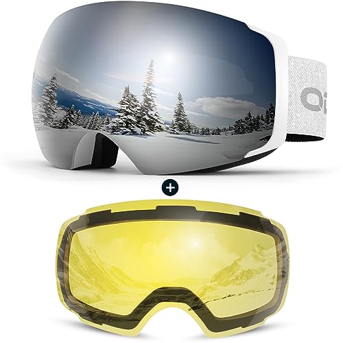 Odoland Magnetic Interchangeable Ski Goggles with 2 Lens, Large Spherical Frameless Snow Snowboard Goggles for Men Women Sliver Lens Vlt 15% White Fra