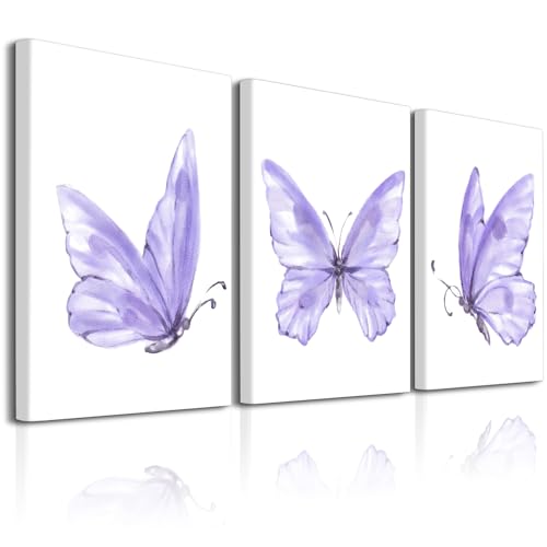 Image of Butterfly Wall Art Prints Decor - Set of 3 purple room decor Poster with Framed Colorful Butterfly Wall Art Canvas Poster for Girls Bedroom Nursery Home Decor Gift (Purple)