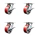 Heavy Duty Large Top Plate Polyurethane on Cast Iron Swivel Caster w/Main. Free Bearings Set of 4 w/5" x 2" Red Wheels - Includes 4 Swivel w/Side Lck Brakes - 4000lbs Total Cpty - Service Caster Brand