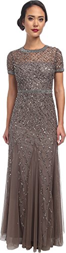 Adrianna Papell Women's Short Sleeve Beaded Mesh Gown, Lead, 14