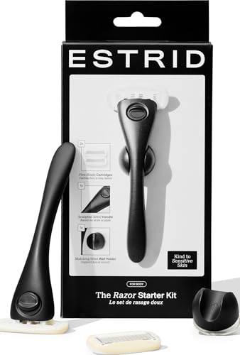 Estrid Rasierer Starterset Damenrasierer Set mit 5-Klingen System Veganer Feuchtigkeitsstreifen 2 Ersatzkleingen Wandhalterung (Onyx)