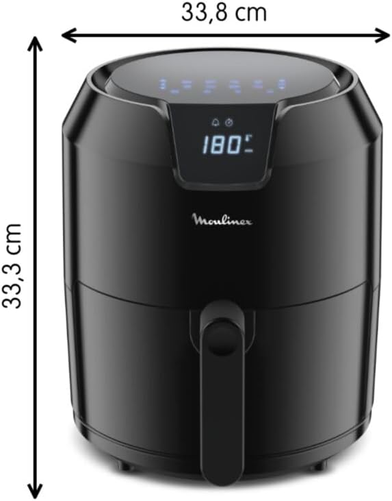 Moulinex Easy Fry Air Fryer with dimensions indicated: 33.8 cm width and 33.3 cm height