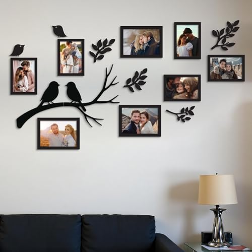 Image of Art Street Pack of 8 Piece Photo Frame Set with Decorative MDF Leaves & Birds Cutouts 4x6 inch & 5x7 inch Black Photo Frames Wall Decor for Living Room, Family Photos Frame Set 10x15 cm & 13x18 cm
