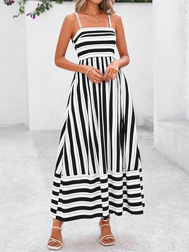 Image of PRETTYGARDEN Women Summer Maxi Dresses 2026 Spaghetti Strap Boho Floral Striped Wedding Guest Beach Vacation Flowy Long Dress