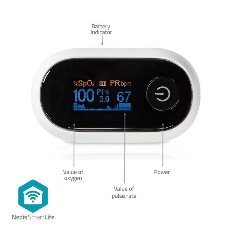 Nedis Pulsoximeter | Bluetooth | OLED-Anzeige | Akustischer Alarm/Anti-Bewegungsstörungen/Hochpräziser Sensor/Perfusionsindex/Pulsfrequenz/Sauerstoffsättigung (SpO2) | Weiss