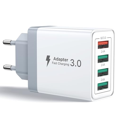 Caricatore USB, 4 Porte Caricatore USB da Muro 33W QC 3.0 Carica Rapida CaricabatterieUSB Multiplo Alimentatore PresaUSB per iPhone 15 14 13 12 11 X, Samsung Galaxy S21 S20 A71 A51, Xiaomi, Huawei