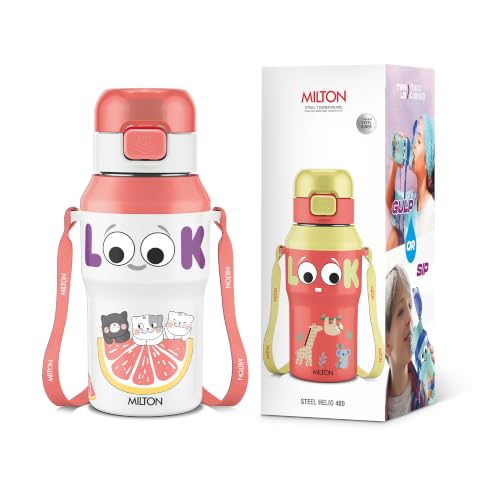 Image of Milton Steel Helio 400 Thermoware Water Bottle 370 ml with One Touch Safety Lock & Twin Lid Sip or Gulp, Long Hours Hot & Cold, Leak Proof, ISI Certified, PU Insulated, for Kids, Gym,School,Light Pink