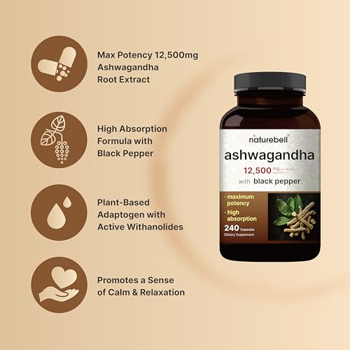 NatureBell Ashwagandha 12,500 mg Equivalent with Black Pepper, 240 Capsules | High Absorption Complex – Extra Strength 25:1 Root Extract – Adaptogens Supplements for Relaxation – Non-GMO - Image 4