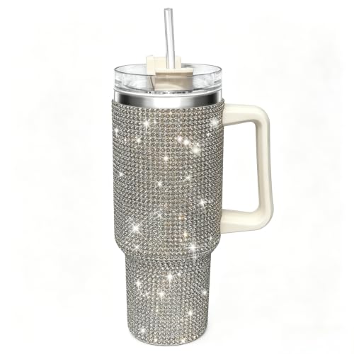 HWISDMIG 40oz Tumbler with Handle-Glitter Rhinestones Tumbler Bling Cups Stainless Steel Water Bottle Diamond Studded Tumbler for Women-Birthday Gifts for Women, Mom, Girlfriend (Gunmetal Silver)