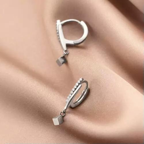 1 par de Pendientes de aro Colgantes de Plata 925 con Forma de Cubo y Barra de circonita cúbica, Color Plata