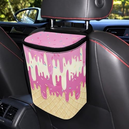 Image of KEIAHUAN Ice Cream Car Trash Can with Lid Cute Leakproof Car Trash Garbage Bag Hanging Multi-Functional Rubbish Bag for Travelling, Camping