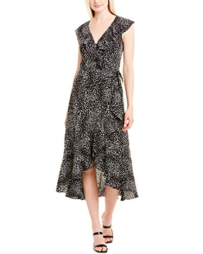 Max Studio Women s Printed Ruffle Wrap Midi Dress, Black Ivory Rose, Extra Large