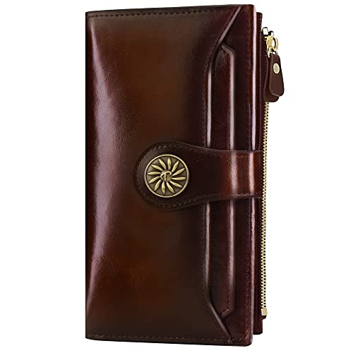 Travelambo Womens Rfid Blocking Large Capacity Luxury Waxed Genuine Leather Clutch Wallet Multi Card Organizer(Wax Coffee) #TOP6