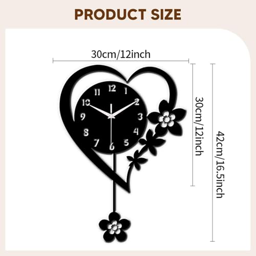 Horloge murale forme cœur acrylique noire avec pendule moderne - 3