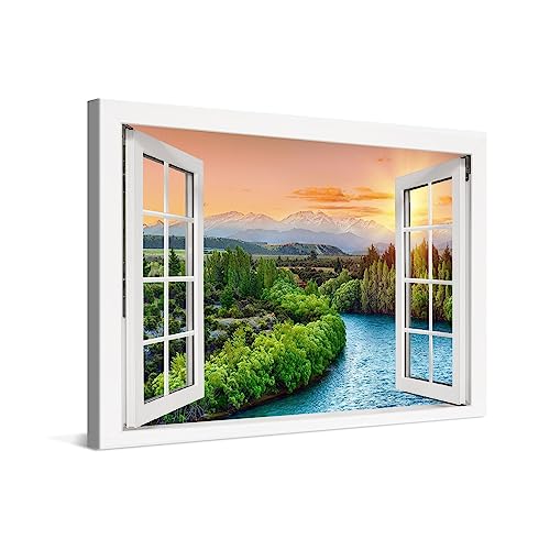 PICANOVA – Cuadro sobre Lienzo 120x80cm Atardecer en un Rio Ventana – Imagen Impresión Montado sobre Marco De Madera – Cuadro Decoración Moderno Para Salón o Dormitorio