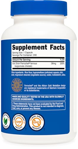 Image of Nutricost Chelated Iron, As Ferrochel, 36mg, 240 Capsules