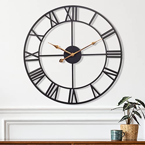 SkyNature Reloj de pared grande, reloj de pared silencioso de 24 pulgadas, funciona con pilas para decoración de sala de estar, reloj analógico de metal decorativo vintage para cocina, hogar, negro Cover